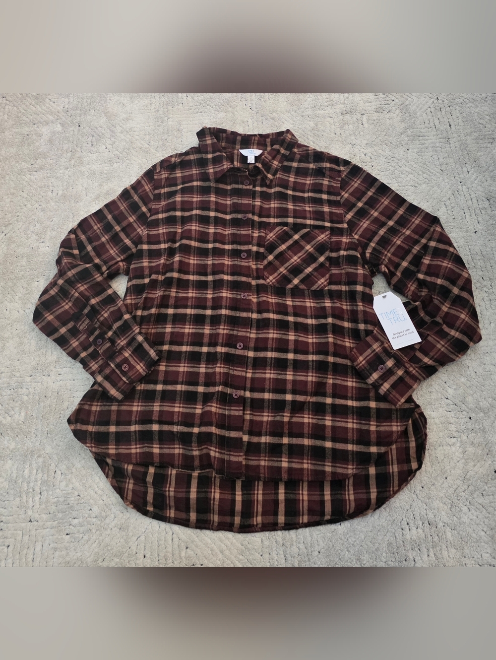 Womens Large Time & Tru brown plaid button up shirt top Nwt
